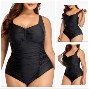 Daci Plus Size One Piece Swimsuit Tummy Control Retro Ruched Vintage. Size L